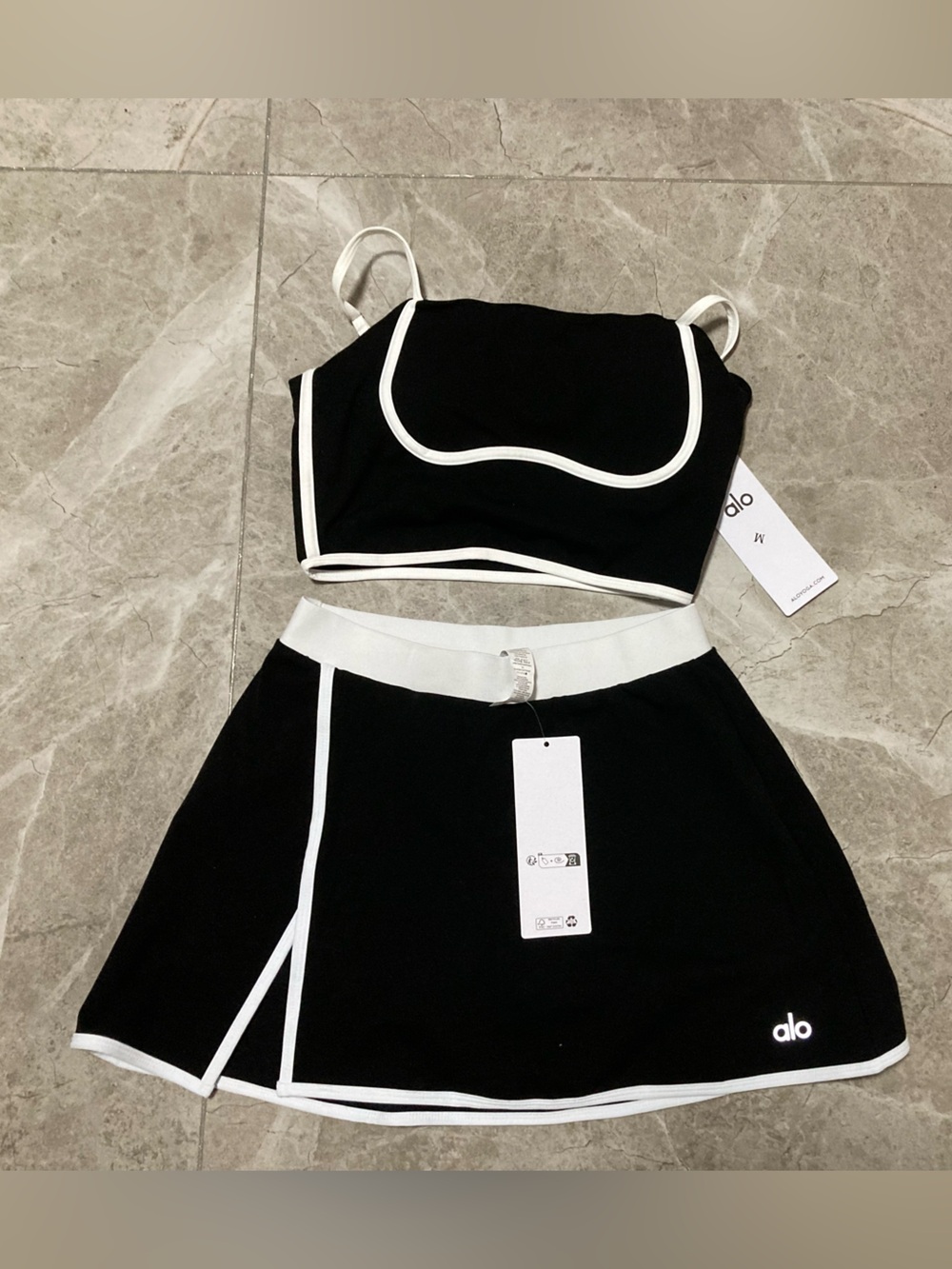 ALO Yoga Black Crop Top and Skirt Set with White Trim - Picture 2 of 5